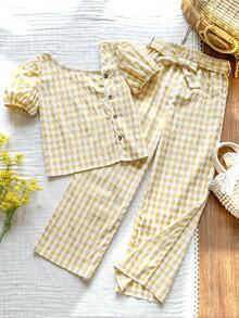 Vintaside Kids 两件套女童格纹不对称单排扣泡泡袖上衣+阔腿裤套装，甜美风格 - 彩色 - 查看 3