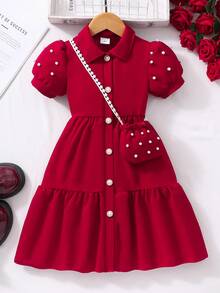 Robe rouge unie confortable pour jeune fille, pour l'école, les activités extérieures, les fêtes, avec col, manches bouffantes, cardigan, comprend un mini sac, été - Rouge foncé - Voir 6