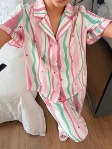 SHEIN Napfluff Heart & Stripe Print Contrast Trim Ruffle Collar Splice Women Short Sleeve Pajama Set - Multicolor - View 5