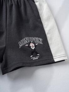 MONOPOLY X SHEIN 男婴休闲卡通字母印花T恤短裤套装，夏季 - 白色 - 查看 8