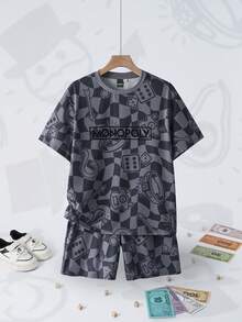 MONOPOLY X SHEIN Set tricou și pantaloni scurți cu mânecă scurtă, în carouri și imprimeu de desene animate, pentru băieți preadolescenti - Gri - Vizualizare 1