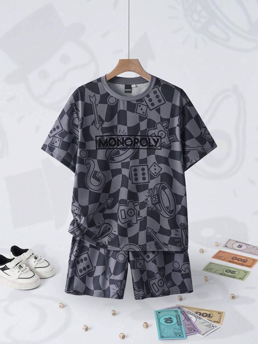 MONOPOLY X SHEIN Set tricou și pantaloni scurți cu mânecă scurtă, în carouri și imprimeu de desene animate, pentru băieți preadolescenti - Gri - Vizualizare 1