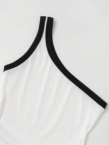 Franclia 女士休闲时尚简约百搭撞色罗纹腰抽绳短款上衣，春夏女士白色单肩上衣，性感白色上衣，黑白拼色上衣，女士白色上衣 - 米色 - 查看 3