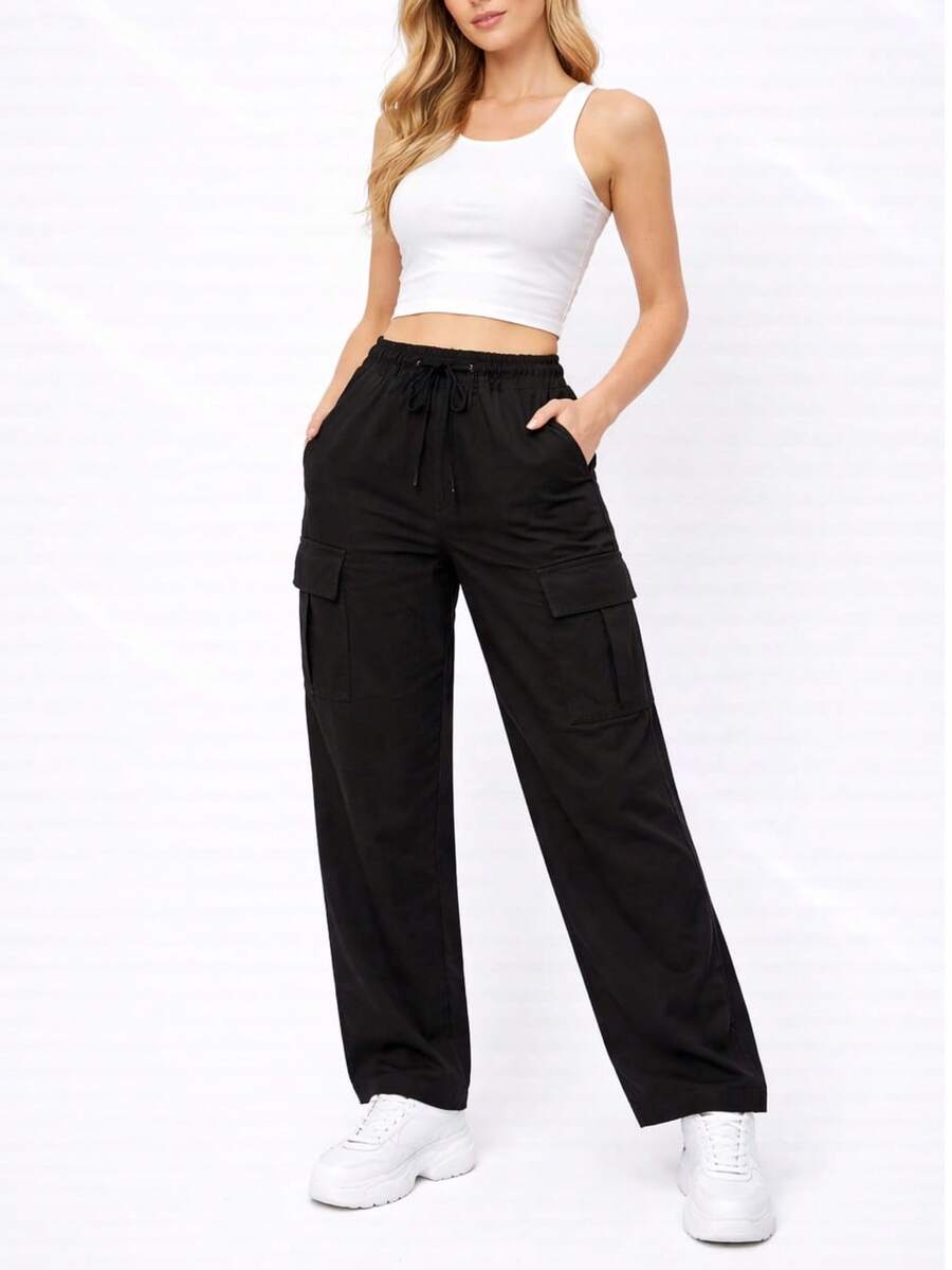 Pantalones cargo largos informales para mujer con detalle de lazo y tejido ligeramente elástico ma1121 - Negro - Ver 1