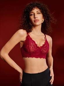 1pc Wine Red Women's Lace Trim Underwire Bra - Burgundy - View 5