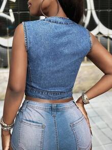 Slaydiva Women's V-Neck Single-Breasted Tie-Waist Casual Denim Vest Jacket - Black - View 2