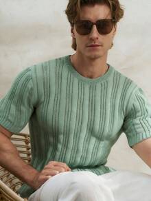 Manfinity Dauomo Hollow Out Round Neck Short Sleeve Casual Sweater, Summer New Arrival - Army Green - View 5