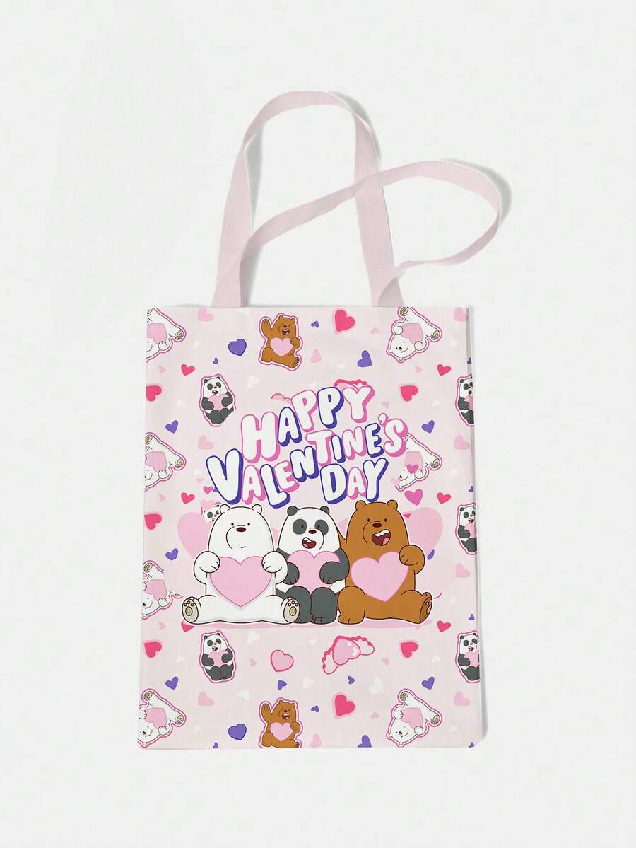 We Bare Bears X SHEIN Bolso de tote rosa cómodo con diseño de flor, burbujas y ranúnculo, estilo Kawaii - Amor Oso - Ver 1