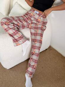SHEIN Napfluff 女士休闲熊格纹印花弹力腰直筒家居裤 - 彩色 - 查看 6