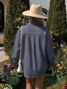 DAZY Plaid Loose Long Sleeve Collared Shirt For Women - Teal Blue - View 2