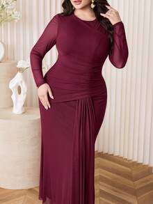 Modelyn Plus Size Women Solid Color Pleated Long Sleeve Elegant Dress - Burgundy - View 5