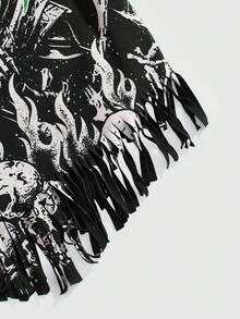 ROMWE Gothic Horror Skeleton Bone Print Fringe Crop Top - Black - View 3