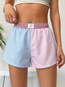 Comfortcana Women's Multicolor Striped Print Letter Patchwork Detail Shorts, Summer - Multicolor - View 7