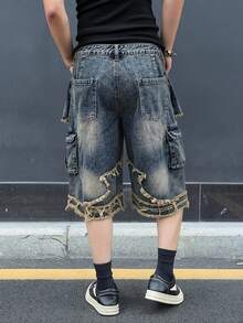 Manfinity EMRG Men's Casual Washed Frayed Hem Denim Cargo Shorts, Summer - Blue - View 2