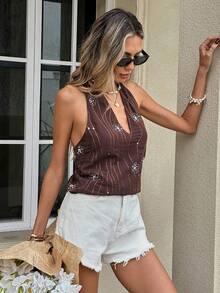 Serisse Women's Vacation Casual Beaded Backless Halter Top - Brown - View 6