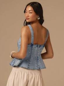 COSMINA Denim 女士优雅珍珠装饰无袖牛仔衬衫，夏季款，珍珠刺绣工艺，精致设计，女士夏季牛仔上衣，女士夏季搭配，街头风单品，蓝色牛仔女式上衣 - 藍色 - 查看 5