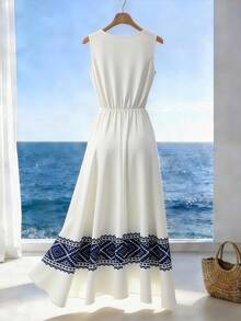 Lyxana Đầm nữ kiểu dáng thanh lịch, cổ tròn, không tay, eo xếp ly, in họa tiết vintage, thích hợp cho mùa xuân/hè. - Màu be - Xem 2