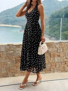 Lucivie 女士优雅性感米白色露背吊带系带深V领露背收腰优雅度假丝滑波点雪纺连衣裙 - 黑色 - 查看 8