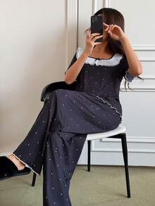 SHEIN Napfluff Cute Ruffle Trim Square Neck Short Sleeve Women Pajama Set - Black - View 1