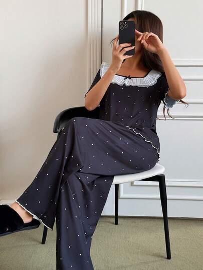 SHEIN Napfluff Cute Ruffle Trim Square Neck Short Sleeve Women Pajama Set