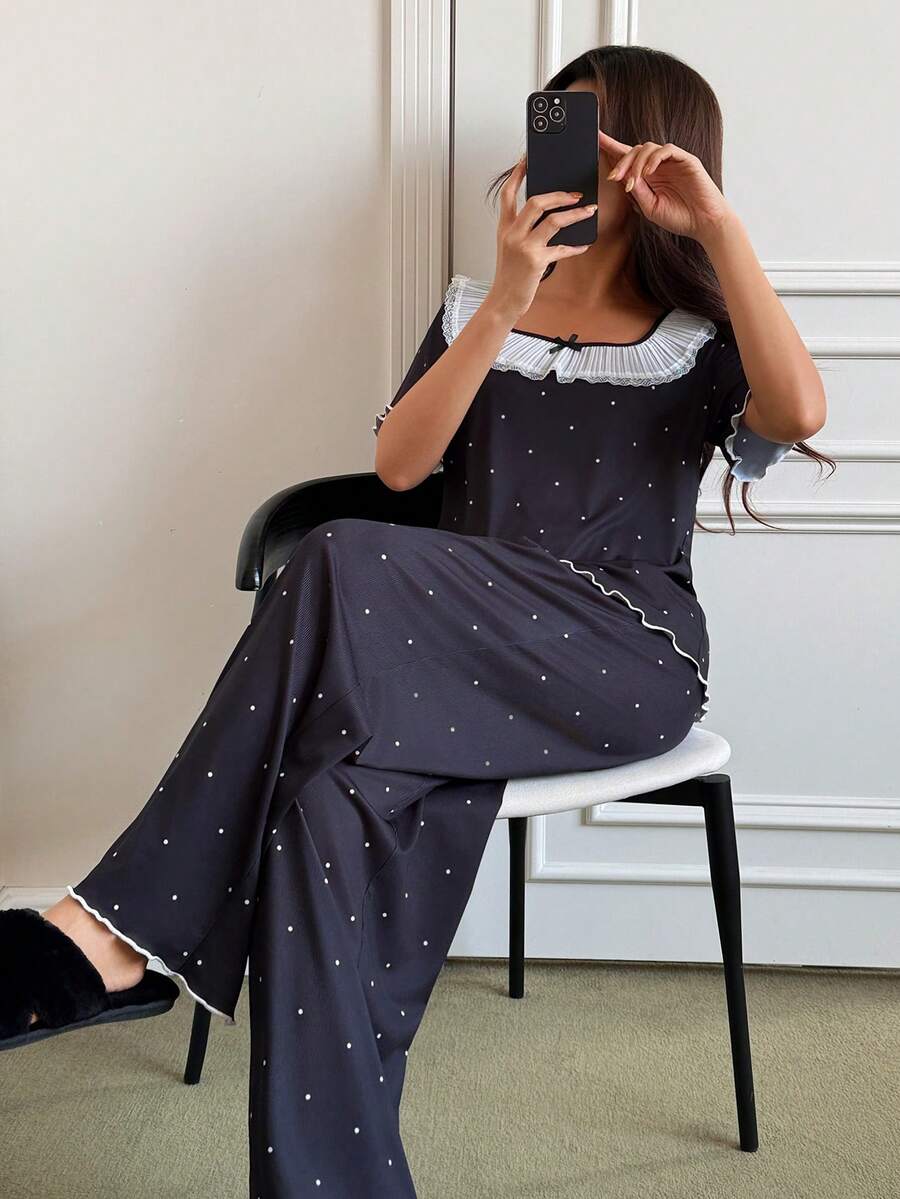 SHEIN Napfluff Cute Ruffle Trim Square Neck Short Sleeve Women Pajama Set - Black - View 1