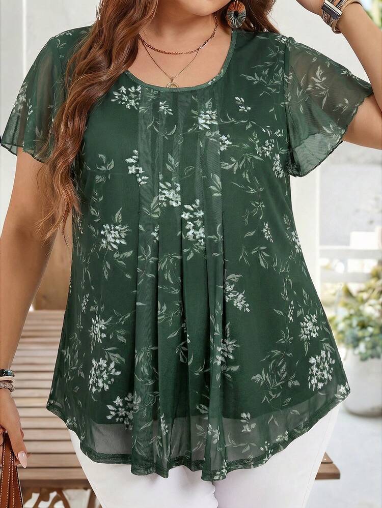 Plus Size Women's Summer Casual Vacation Short Sleeve Floral Print Tunic Blouse Top, Summer Holiday,Vacation,Spring Break,Vacation,Holiday,Going Out,2026 New,Simple And Fashionable For Everyday Wear, Green Summer Top, Summer Blouse Top, Dark Green Tops