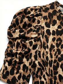 SHEIN Clasi Women's Leopard Print Round Neck Short Petal Sleeve T-Shirt - Multicolor - View 5