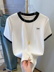 Women's Casual Bow Embroidery Trim Short Sleeve T-Shirt, Summer - Black and White - View 3