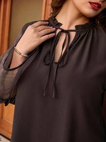 SHEIN Clasi Plus Size Women's Brown Retro Casual Loose Tie-Waist Mesh Sleeve Dress, Early Spring - Brown - View 5
