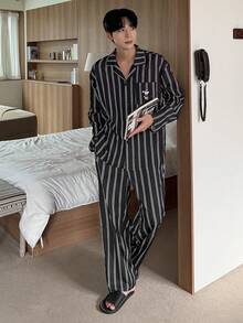 DAZY 春季条纹小狗字母印花长袖衬衫配长裤男士睡衣套装 - 彩色 - 查看 1