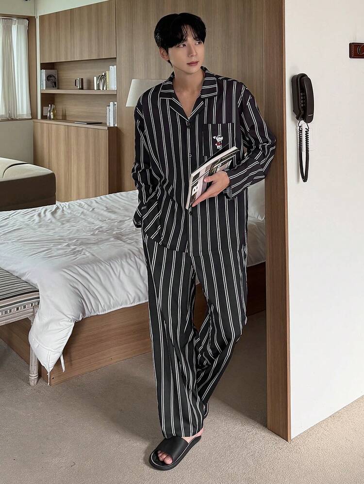 Spring Striped Puppy & Letter Print Long Sleeve Shirt With Pants Men's Pajama Set