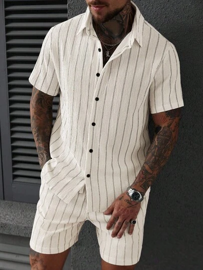 SLATEMANN Plus Size Men's Jacquard Striped Short Sleeve Shirt And Shorts Set