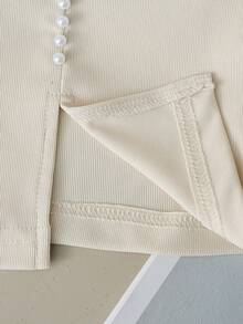 GlowEve Blusa de manga corta de color albaricoque con cuentas de burbuja, elegante y versátil, ideal para el verano - Albaricoque - Ver 6