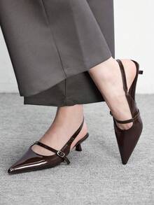 CUCCOO BIZCHIC Giày sandal cao gót mũi nhọn bằng da bóng màu nâu cà phê dành cho nữ, có quai hậu, khóa cài, thích hợp đi làm hàng ngày. - Cà phê nâu - Xem 3
