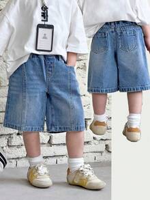 SHEIN Young Boy New Fashion Distressed Casual Soft Basic Simple Splicing Loose Fit Blue Denim Baggy Cropped Jeans Spring Summer,For Spring/Summer Dailywear, Streetwear,Beach,Vacation, Casual, Graphic Jeans,Jeans,4-Year-Old Jeans,Summer Jeans,Casual Jeans - Light Wash - View 1