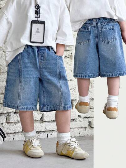 SHEIN Young Boy New Fashion Distressed Casual Soft Basic Simple Splicing Loose Fit Blue Denim Baggy Cropped Jeans Spring Summer,For Spring/Summer Dailywear, Streetwear,Beach,Vacation, Casual, Graphic Jeans,Jeans,4-Year-Old Jeans,Summer Jeans,Casual Jeans