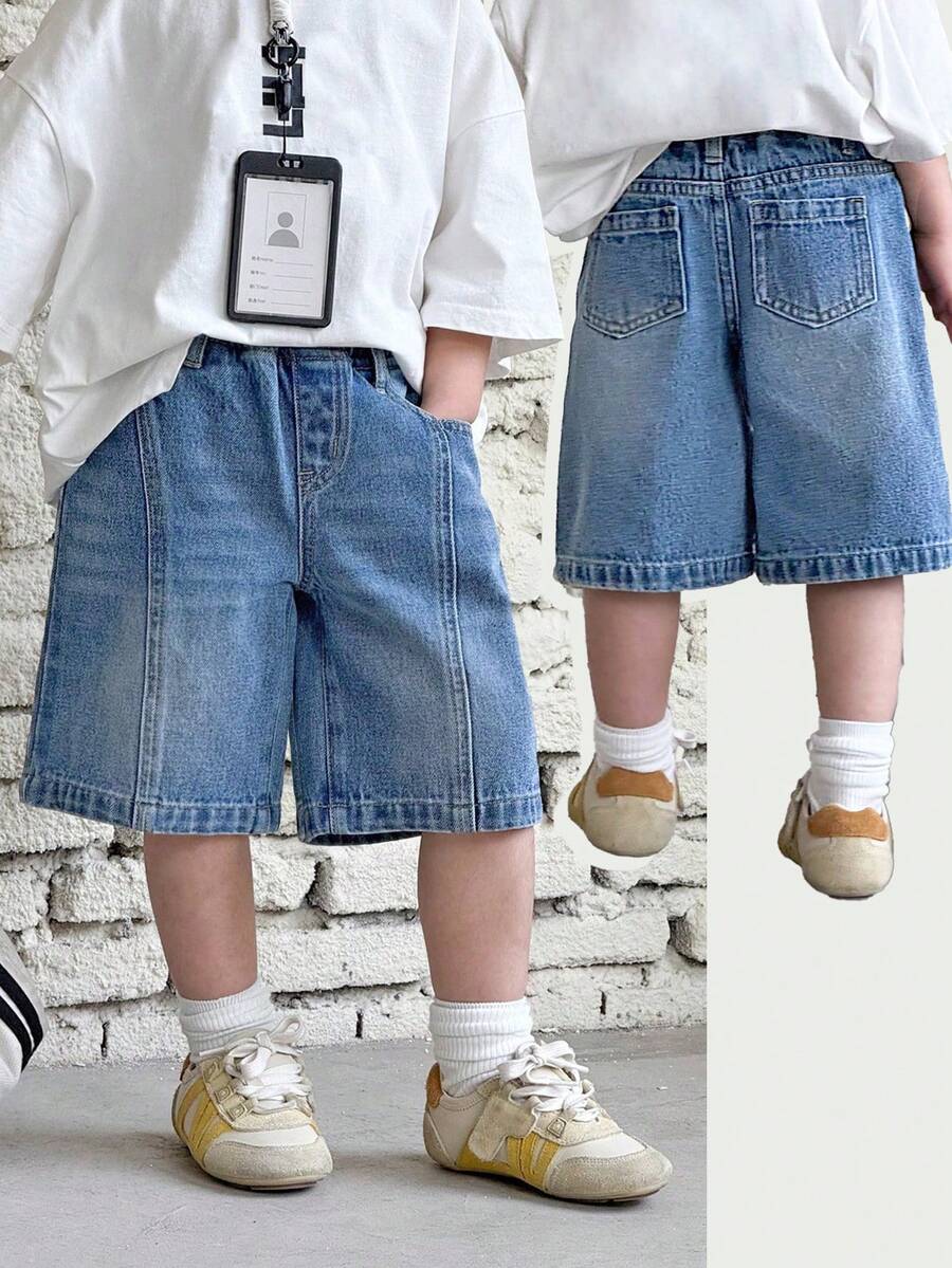 SHEIN Young Boy New Fashion Distressed Casual Soft Basic Simple Splicing Loose Fit Blue Denim Baggy Cropped Jeans Spring Summer,For Spring/Summer Dailywear, Streetwear,Beach,Vacation, Casual, Graphic Jeans,Jeans,4-Year-Old Jeans,Summer Jeans,Casual Jeans - Light Wash - View 1