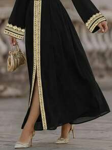 Balvessa Stand Collar Long Sleeve Gold Lace Contrast Color Lapel Belt Bow Tie Waist Robe, Elegant & Fashionable For Women - Multicolor - View 6