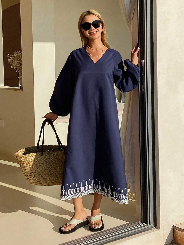 Women's Casual Colorblock Embroidery V-Neck Loose Mid-Length Dress, Spring/Summer Maxi Dress Sundress