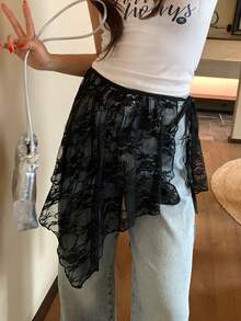 DAZY Women's Solid Color Sheer Lace Asymmetric Hem Skirt - Black - View 4