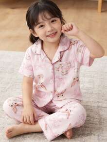 SHEIN 2件套 女童可爱兔子印花短袖开衫和宽松长裤休闲舒适家居服套装 - 淺粉色 - 查看 3