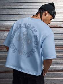 AXEPEAK Men's Casual Loose Short Sleeve T-Shirt, White With Printed Rhinestone Handmade Label, Summer - Sky Blue - View 5