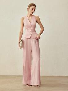 MOTF PREMIUM 亚麻双腰带马甲，春夏款 - 粉色 - 查看 5