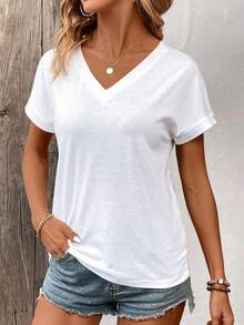 Lymera Solid Color White V-Neck Casual T-Shirt Tops Fall Autumn And Winter Halloween Work Office Occasion For Women Going Out Party Christmas Thanksgiving New Year Occasion - White - View 3