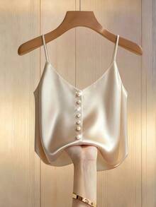 Franclia Women's Champagne-Colored Satin Elegant Camisole Top With Pearl Embellishments, Sparkly Top, Pearl Top, Satin Fabric, Summer Holiday, Valentine's Day, Carnival Women's Look, Party Top - Champagne - View 1