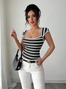 Franclia French Minimalist Fitted Striped Knit Short Sleeve T-Shirt, Unique Design, Versatile, Spring/Summer New Arrival - Black - View 4
