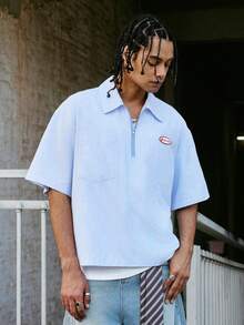 PAVTROS Men's Casual Striped Half-Zip Short Sleeve Shirt, Summer - Blue and White - View 6