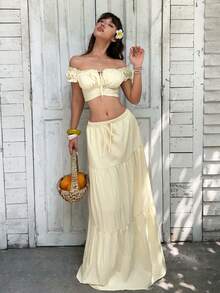 MainGRL Elegant Women's Cream Two Piece Outfit, Off Shoulder Ruched Crop Top & Flowy Tiered Maxi Skirt Set, Ideal For Beach Vacation, Tropical Getaways, Date Nights, Brunch, Cocktail Parties, Wedding Guest Attire & Picnics, Coastal Boho Style 2026 Spring/Summer - Light Yellow - View 1