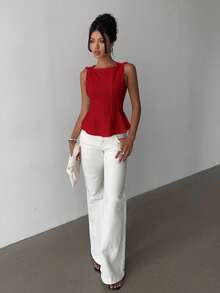 Aloruh 女士优雅简约无袖通勤衬衫 - 紅色 - 查看 3