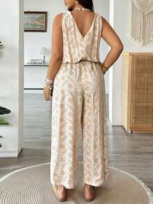 Vionelle Mono largo de pierna recta con cintura elástica, estampado de tejido, cuello en V sin mangas, estilo vintage y casual para mujer de talla grande. Mono casual bohemio de verano con estampado floral para vacaciones y playa. - Albaricoque - Ver 2